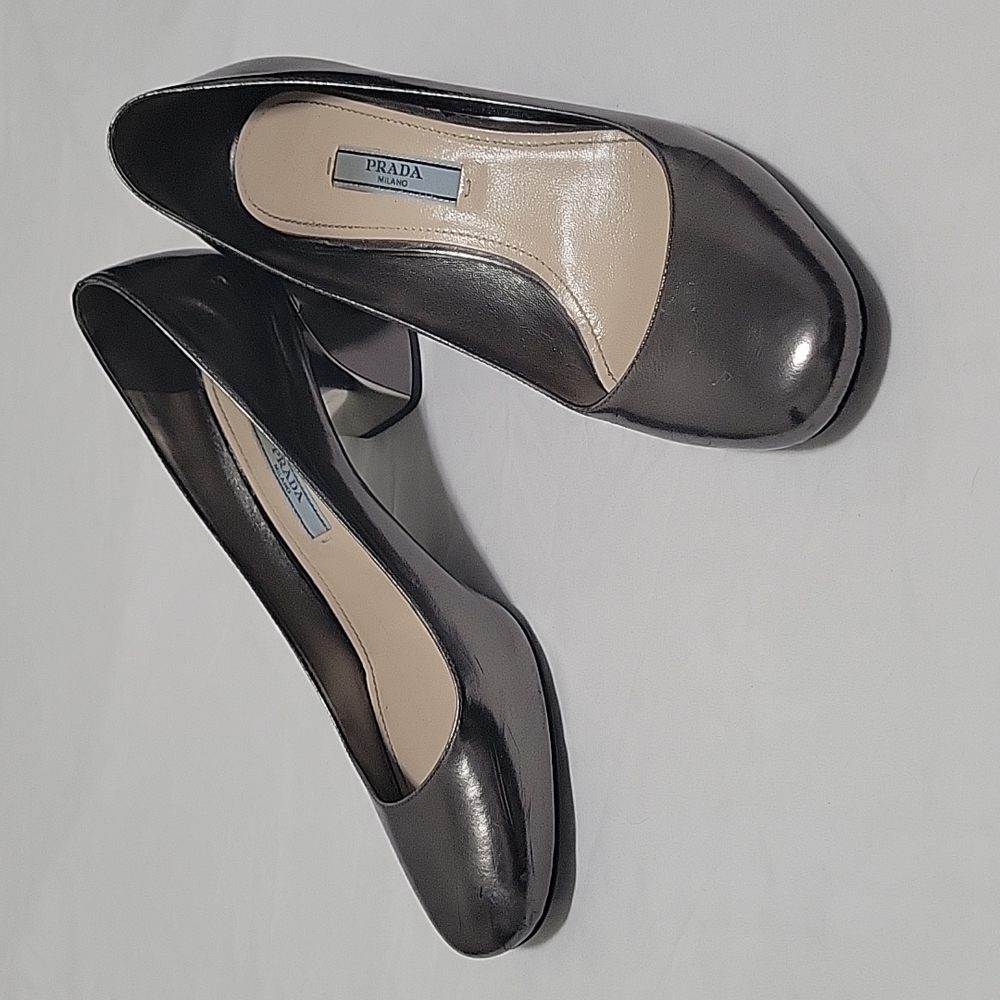 Prada Silver Chunky Heel Pumps Women's Size 37